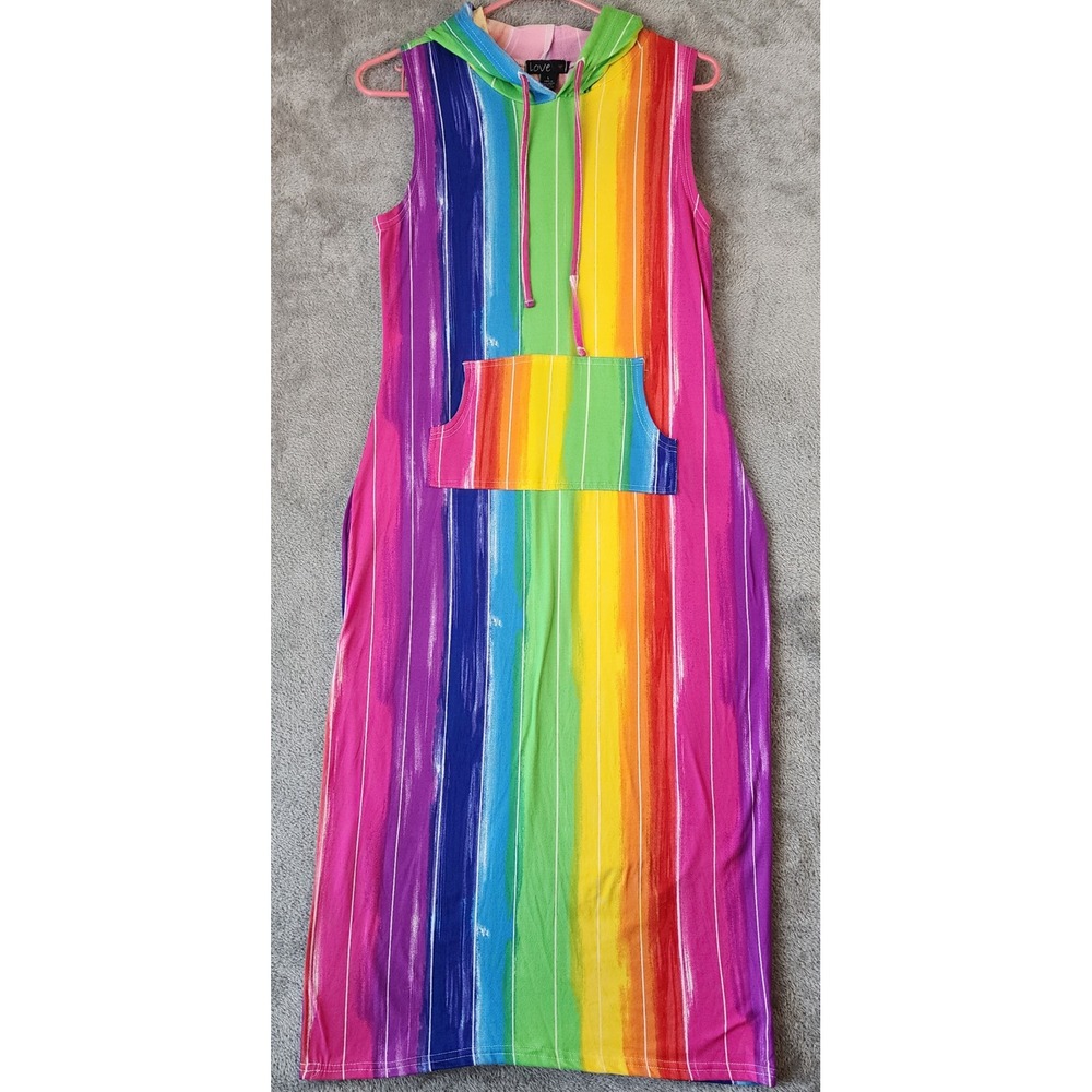 Love Midi Dress Womens Juniors Large Rainbow Stripe Hooded Kangaroo Pocket